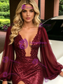 Burgundy Sequins Long Sleeve Prom Dress