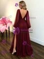 Burgundy Tulle V-neck Long Sleeve Prom Dress