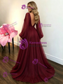 Burgundy Tulle V-neck Long Sleeve Prom Dress