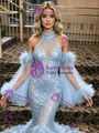 Blue Mermaid Sequins Long Sleeve Prom Dress