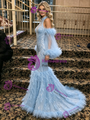 Blue Mermaid Sequins Long Sleeve Prom Dress