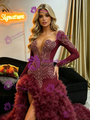 Burgundy Long Sleeve Crystal Prom Dress