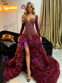 Burgundy Long Sleeve Crystal Prom Dress