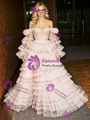 Pink Tulle Off the Shoulder Long Sleeve Tiers Prom Dress