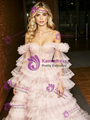 Pink Tulle Off the Shoulder Long Sleeve Tiers Prom Dress