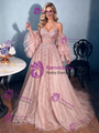Pink Tulle Sequins Straps Long Sleeve Prom Dress