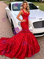Red Mermaid Sequins Straps Prom Dress