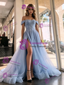 Blue Tulle Sequins Split Prom Dress