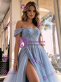 Blue Tulle Sequins Split Prom Dress