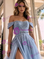 Blue Tulle Sequins Split Prom Dress