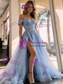 Blue Tulle Sequins Split Prom Dress