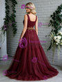 Burgundy Tulle Straps Beading Prom Dress