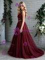 Burgundy Tulle Straps Beading Prom Dress