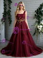 Burgundy Tulle Straps Beading Prom Dress