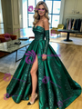 Green Satin Long Sleeve Appliques Prom Dress