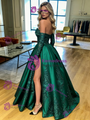 Green Satin Long Sleeve Appliques Prom Dress