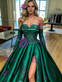 Green Satin Long Sleeve Appliques Prom Dress