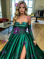 Green Satin Long Sleeve Appliques Prom Dress