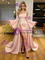 Pink One Shoulder Long Sleeve Beading Prom Dress