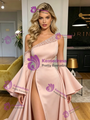 Pink One Shoulder Long Sleeve Beading Prom Dress