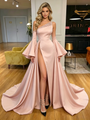 Pink One Shoulder Long Sleeve Beading Prom Dress