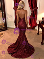 Burgundy Mermaid Sequins Halter Prom Dress