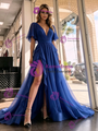 Royal Blue Tulle V-neck Pleats Prom Dress