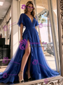 Royal Blue Tulle V-neck Pleats Prom Dress