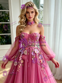Fuchsia Tulle Long Sleeve Prom Dress