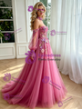 Fuchsia Tulle Long Sleeve Prom Dress