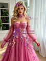 Fuchsia Tulle Long Sleeve Prom Dress