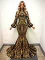 Black Gold Mermaid Sequins Long Sleeve Prom Dress
