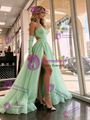 Green Tulle Strapless Split Prom Dress