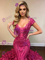 Fuchsia Mermaid Sequins Cap Sleeve Prom Dress