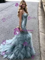 Blue Mermaid Tulle Sequins Prom Dress
