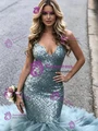 Blue Mermaid Tulle Sequins Prom Dress