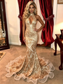 Gold Mermaid Sequins Halter Prom Dress