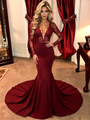 Burgundy Mermaid V-neck Long Sleeve Prom Dress