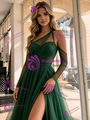 Green Tulle Long Sleeve Pleats Prom Dress