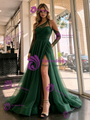 Green Tulle Long Sleeve Pleats Prom Dress