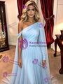 Blue One Shoulder Long Sleeve Prom Dress