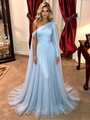 Blue One Shoulder Long Sleeve Prom Dress