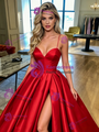 Red Satin Spaghetti Straps Pleats Prom Dress