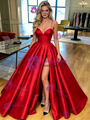 Red Satin Spaghetti Straps Pleats Prom Dress