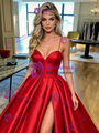 Red Satin Spaghetti Straps Pleats Prom Dress