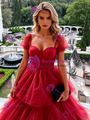 Red Tulle Straps Tiers Prom Dress