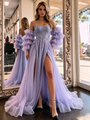 Purple Tulle Straps Split Prom Dress