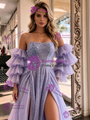 Purple Tulle Straps Split Prom Dress