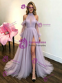 Purple Tulle Long Sleeve Pleats Prom Dress