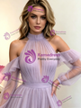 Purple Tulle Long Sleeve Pleats Prom Dress